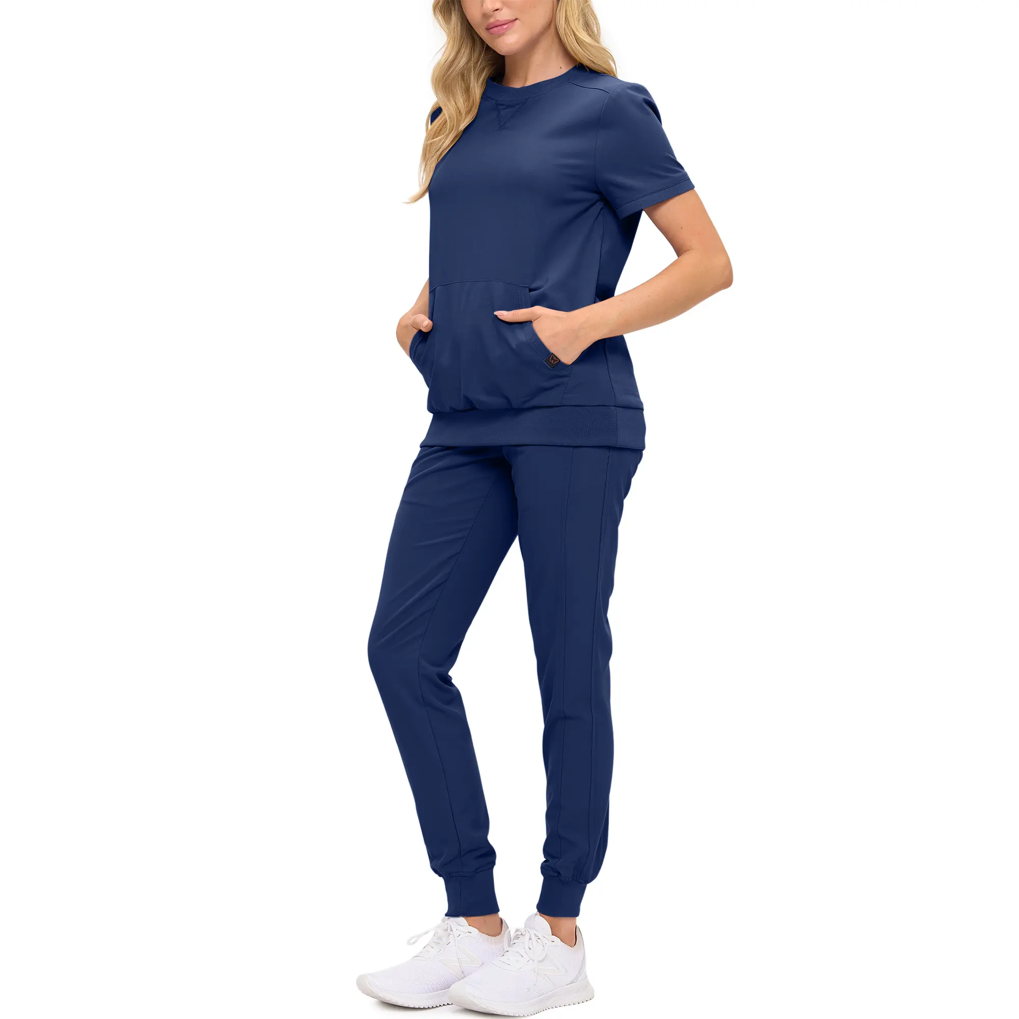 Wholesale women's navy short-sleeve t-shirt and jogger pants set with pockets