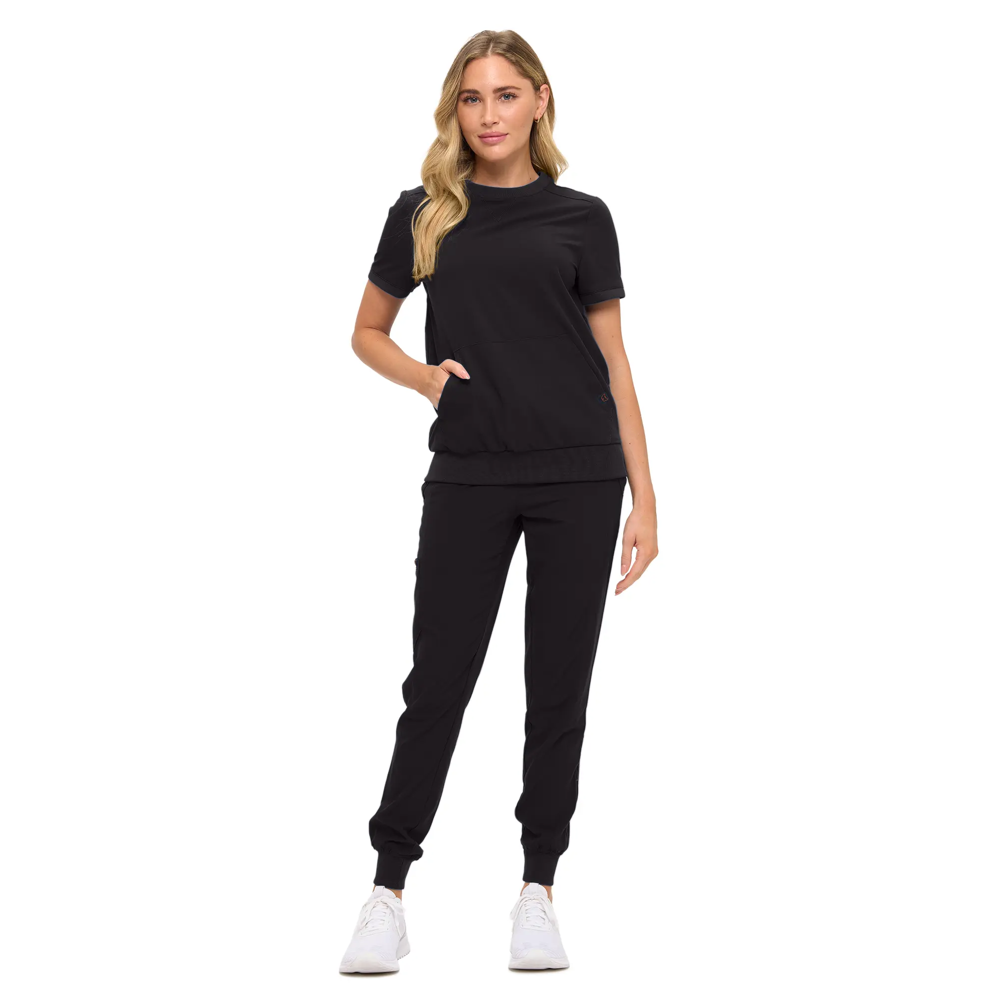 Wholesale women's black short sleeve t-shirt and jogger pants set with white sneakers
