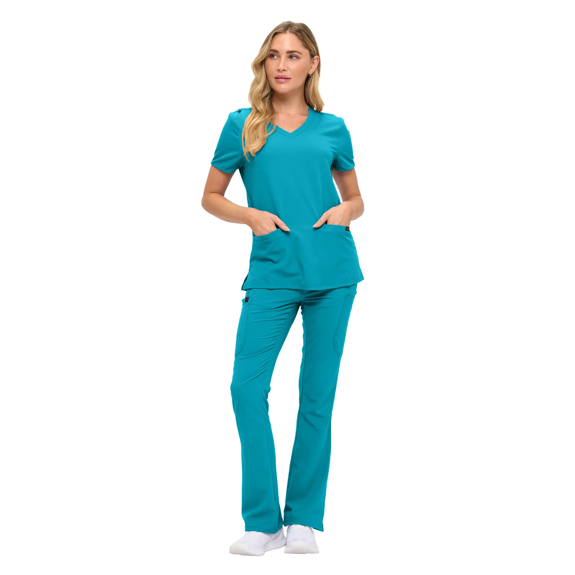 Wholesale women's teal v-neck scrub top and pants set with pockets and short sleeves