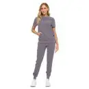 Wholesale women's gray short-sleeve t-shirt and jogger pants set with pockets