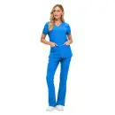 Wholesale women's blue v-neck scrub top and pants set with pockets