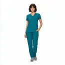 Wholesale women's teal v-neck scrub top and cargo pants set with short sleeves