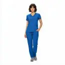 Wholesale women's blue v-neck scrub top and cargo pants set with short sleeves