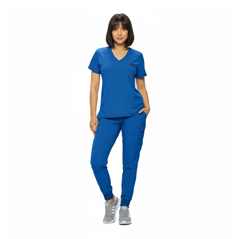 Wholesale women's blue v-neck scrub top and jogger pants set with short sleeves