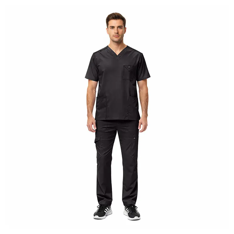 Wholesale men's black scrubs set with v-neck top, chest pocket, and cargo pants with multiple pockets
