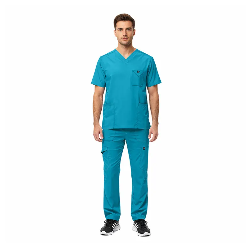 Wholesale men's turquoise scrub set with v-neck top and cargo pants featuring multiple pockets