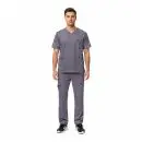 Wholesale men's gray v-neck scrub top and cargo pants set with multiple pockets
