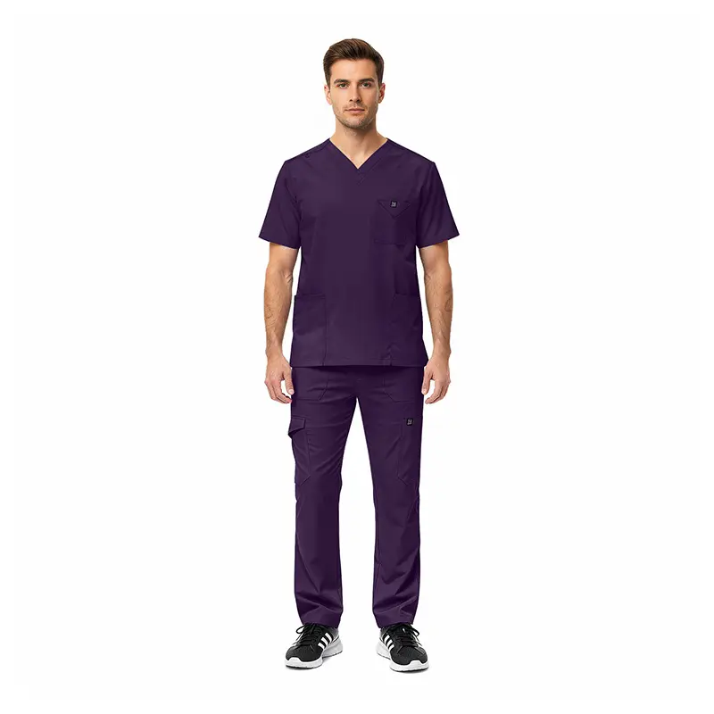 Wholesale men's purple v-neck scrub top and cargo pants set with short sleeves and multiple pockets