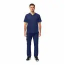 Wholesale men's navy blue v-neck scrub top and cargo pants set with short sleeves and multiple pockets