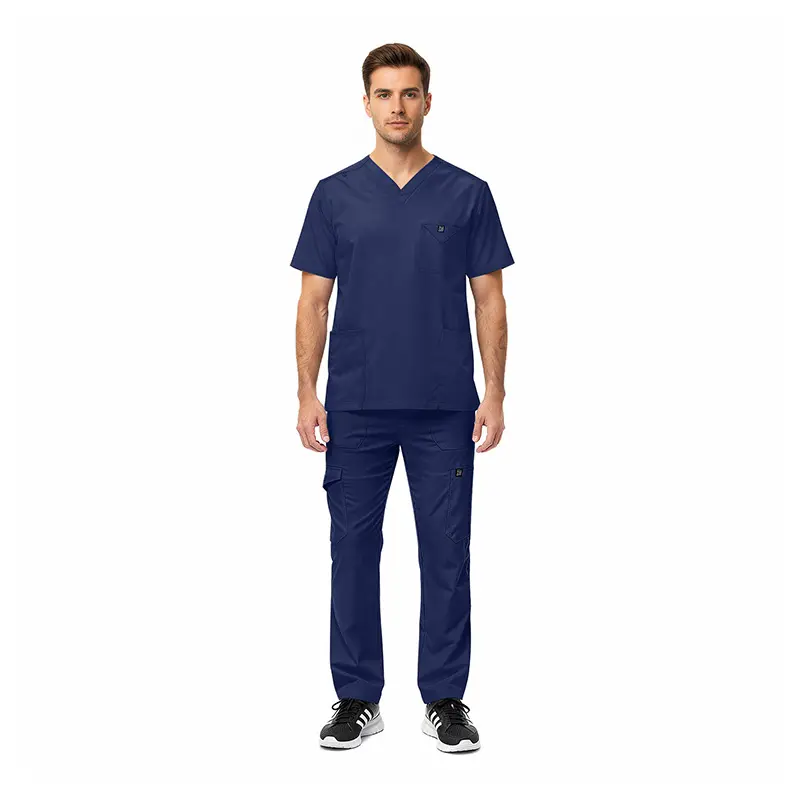 Wholesale men's navy blue v-neck scrub top and cargo pants set with short sleeves and multiple pockets