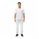 Wholesale men's white v-neck scrub top and pants set with multiple pockets and small logo detail