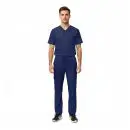 Wholesale men's navy blue v-neck scrub top and cargo pants set with short sleeves and pockets