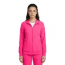 Wholesale women's hot pink full-zip track jacket with white undershirt and matching cargo pants