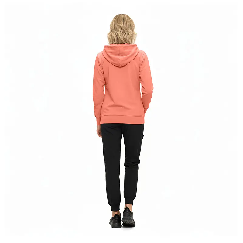 Wholesale women's coral hoodie with black jogger pants and black sneakers, rear view