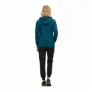 Wholesale women's teal hoodie with black jogger pants and black sneakers, rear view