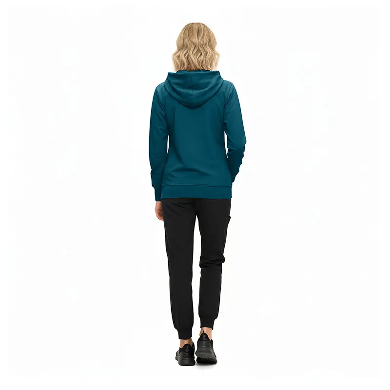 Wholesale women's teal hoodie with black jogger pants and black sneakers, rear view