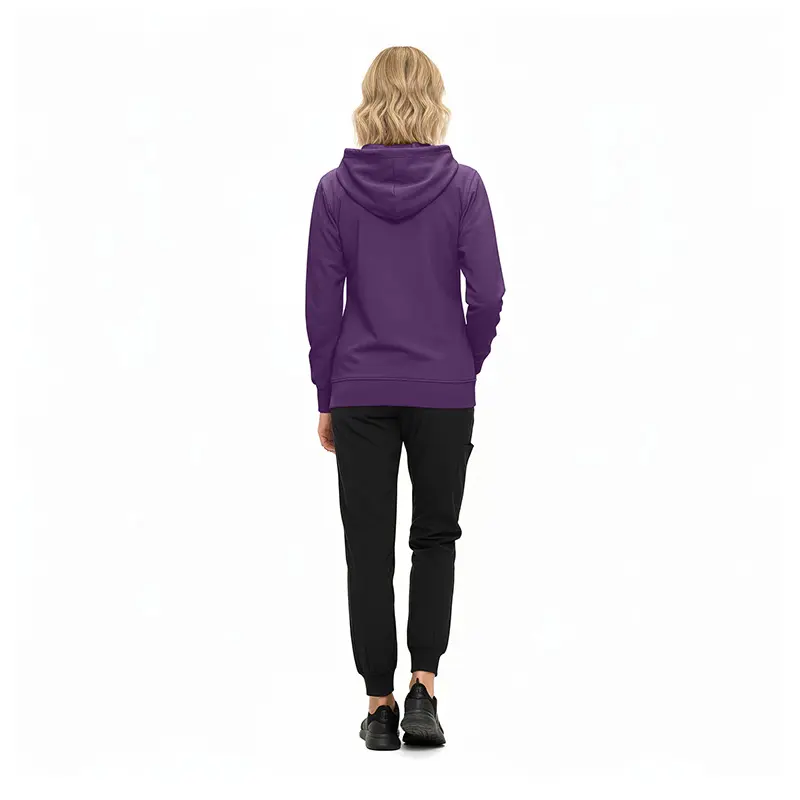 Wholesale women's purple hoodie with black jogger pants and black sneakers, rear view