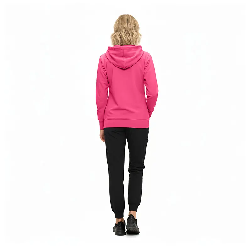 Wholesale women's pink zip-up hoodie with black jogger pants and black sneakers