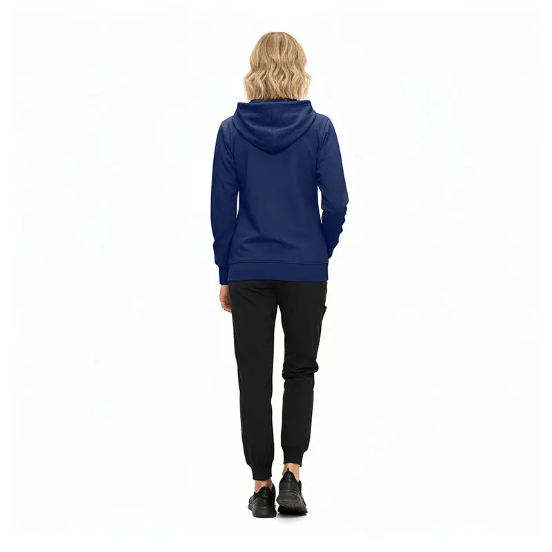 Wholesale women's navy blue hoodie with black jogger pants and black athletic shoes, back view