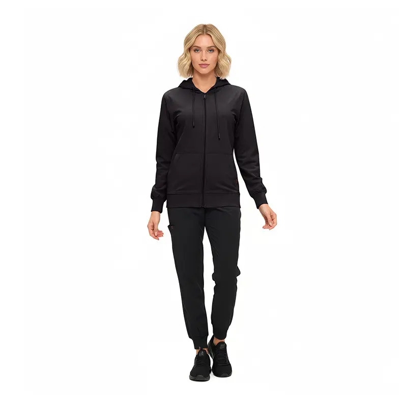 Wholesale women's black zip-up hoodie and jogger pants set