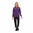 Wholesale women's purple zip-up hoodie with black jogger pants and black sneakers