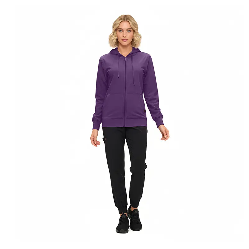 Wholesale women's purple zip-up hoodie with black jogger pants and black sneakers