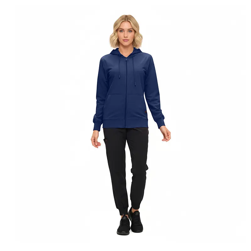 Wholesale women's navy blue zip-up hoodie with black jogger pants and black sneakers