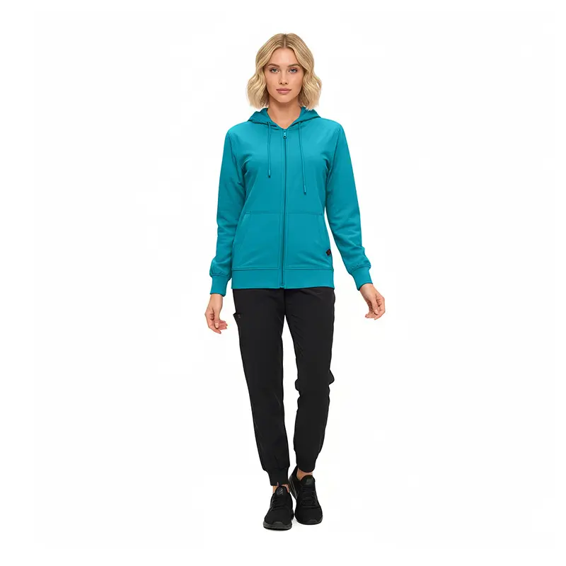 Wholesale women's teal zip-up hoodie with black jogger pants and black sneakers
