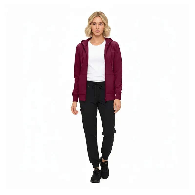Wholesale women's burgundy zip-up hoodie with white t-shirt and black jogger pants outfit