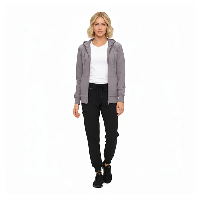 Wholesale women's gray zip-up hoodie, white t-shirt, and black jogger pants outfit