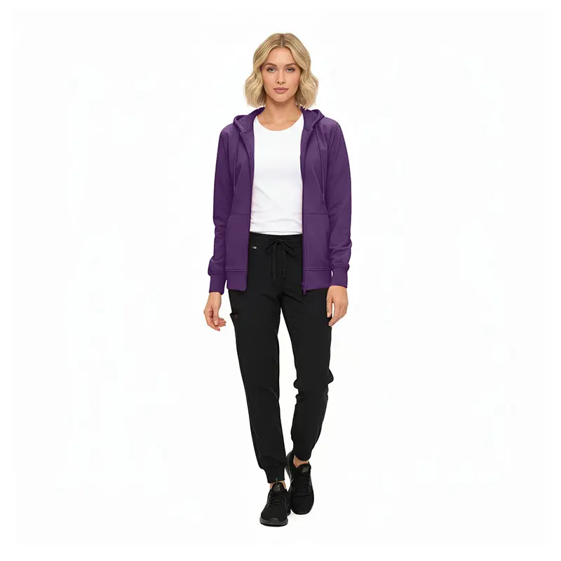 Wholesale women's purple zip-up hoodie with white t-shirt and black jogger pants