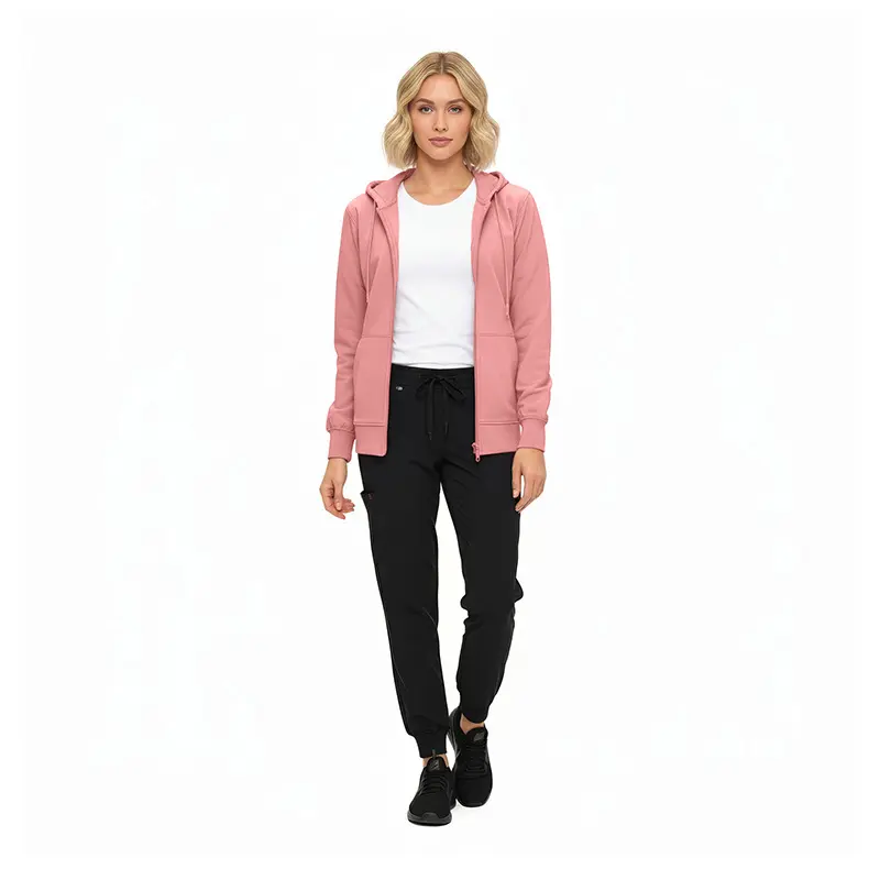 Wholesale women's pink zip-up hoodie, white t-shirt, and black jogger pants outfit