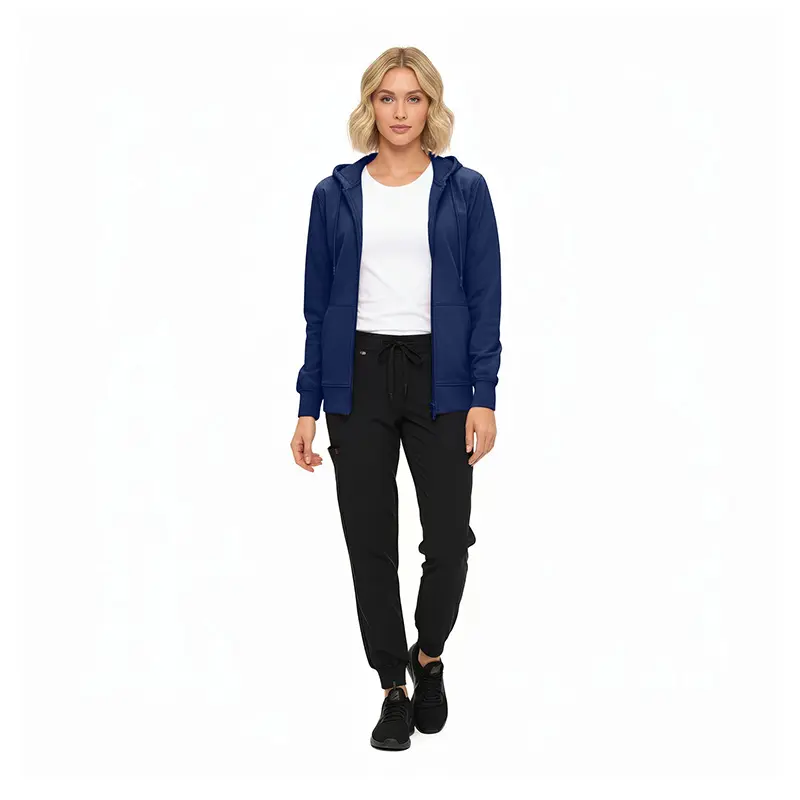 Wholesale women's navy zip-up hoodie, white t-shirt, and black jogger pants outfit