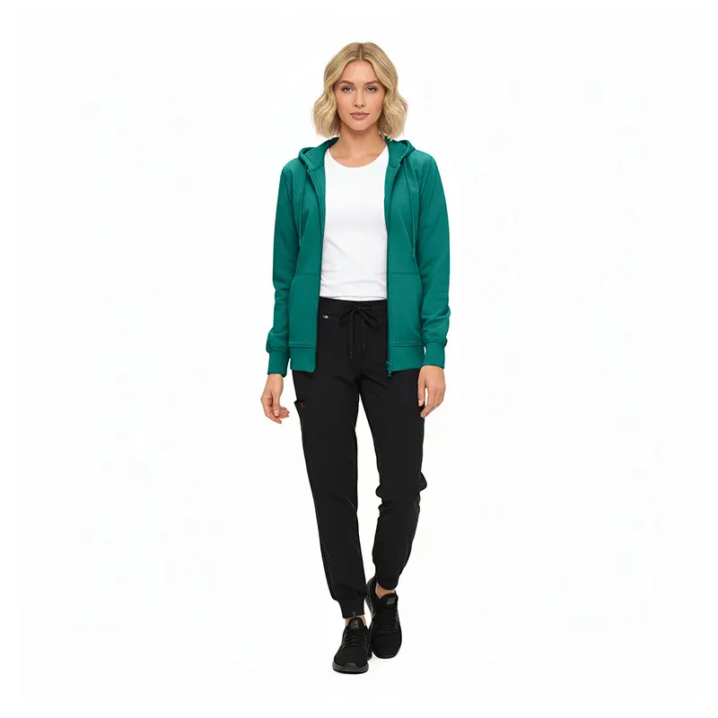 Wholesale women's teal zip-up hoodie, white t-shirt, and black jogger pants outfit