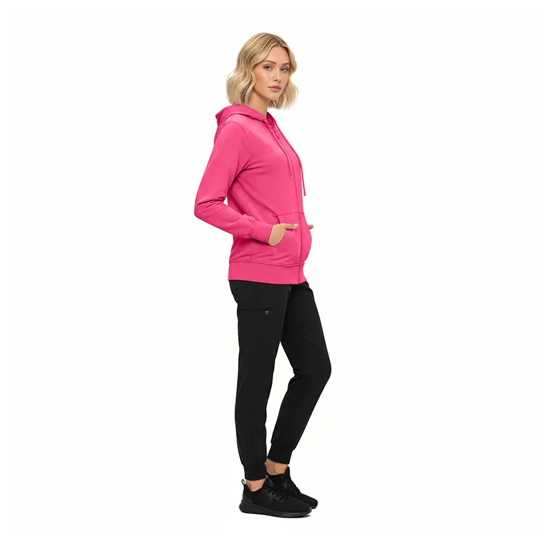 Wholesale women's hot pink zip-up hoodie with black leggings and black sneakers