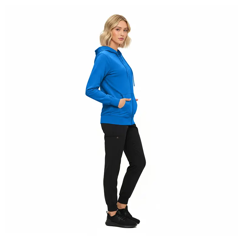 Wholesale women's blue zip-up hoodie with black jogger pants and black sneakers