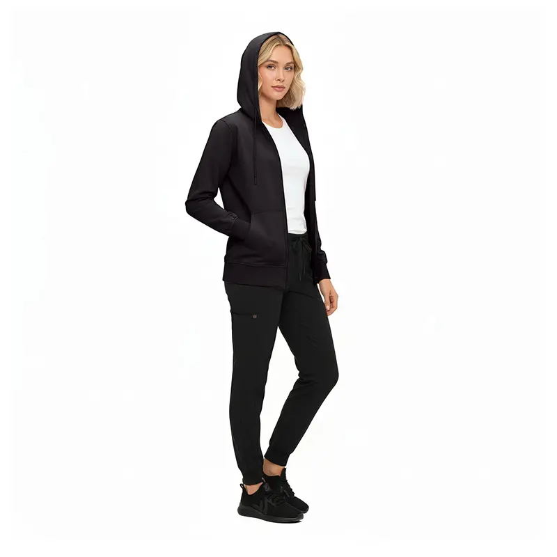 Wholesale women's black zip-up hoodie with white shirt and black joggers