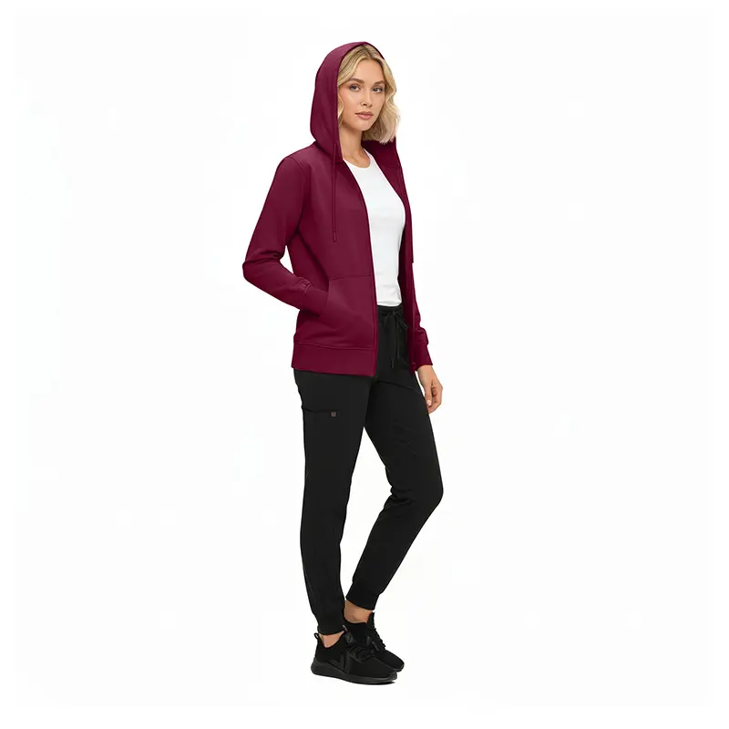 Wholesale women's burgundy zip-up hoodie with white shirt and black joggers