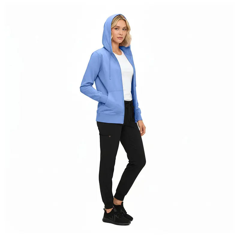 Wholesale women's blue zip-up hoodie with white shirt and black pants