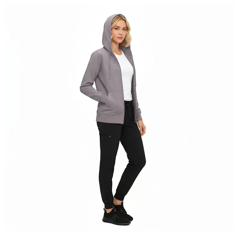 Wholesale women's gray zip-up hoodie with white shirt and black joggers