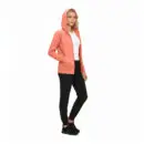 Wholesale women's coral zip-up hoodie with white underlayer and black jogger pants with black sneakers