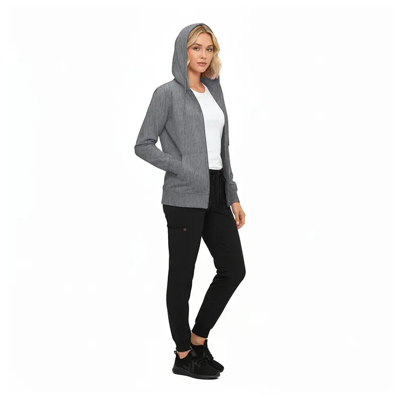 Wholesale women's gray hooded cardigan with white t-shirt and black pants