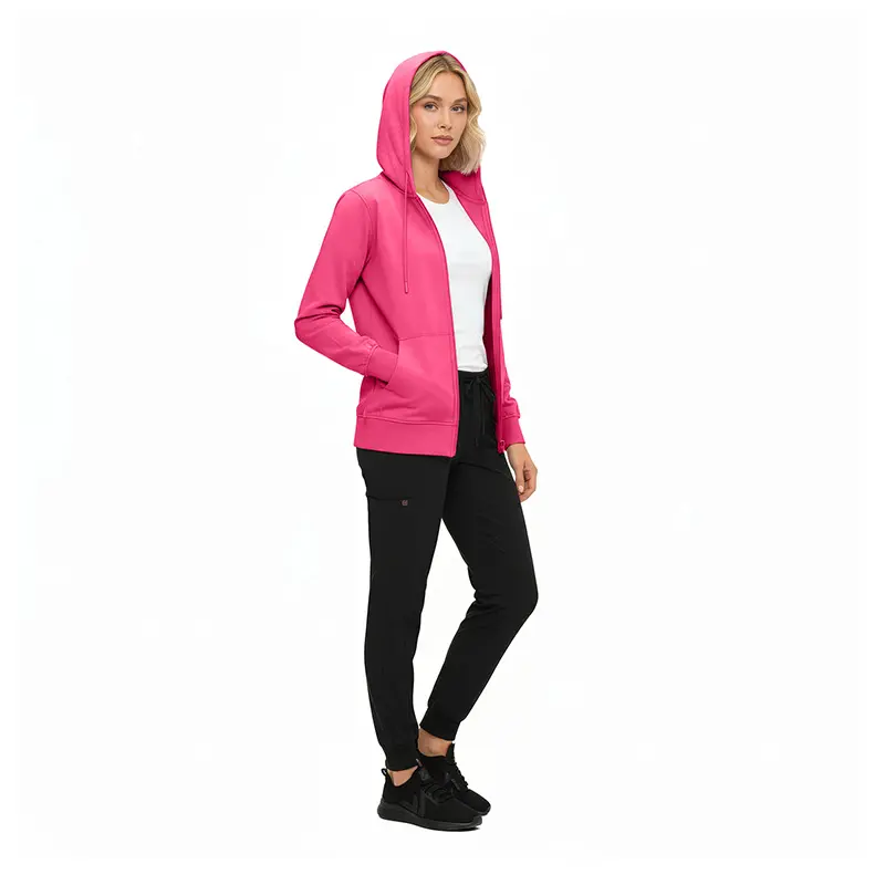 Wholesale women's pink zip-up hoodie with white undershirt and black jogger pants