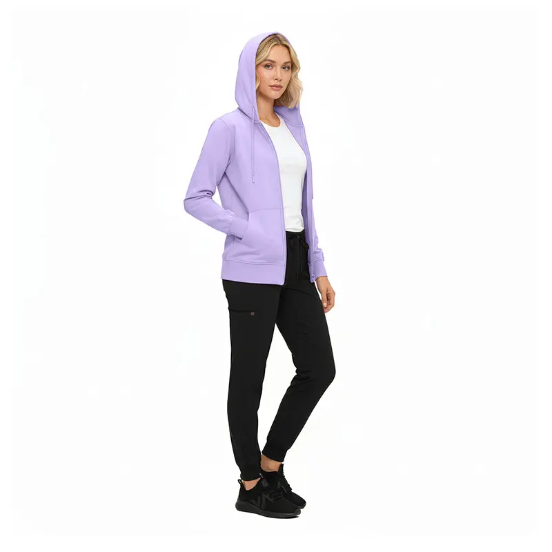 Wholesale women's lavender zip-up hoodie with white undershirt, black leggings and black sneakers