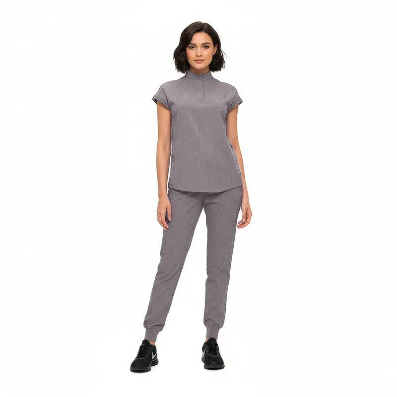 Wholesale women's gray short-sleeve half-zip top and jogger pants set