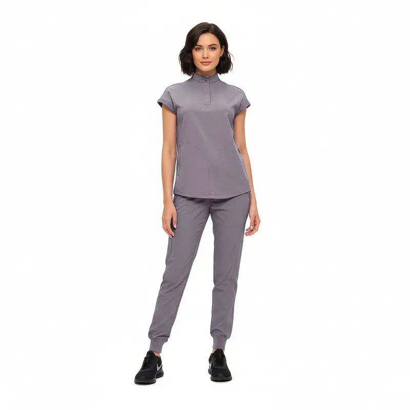 Wholesale women's gray short-sleeve polo shirt and matching jogger pants set
