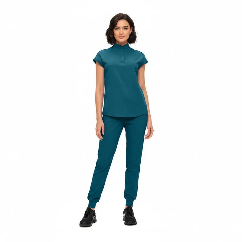 Wholesale women's teal short-sleeve polo shirt and jogger pants set