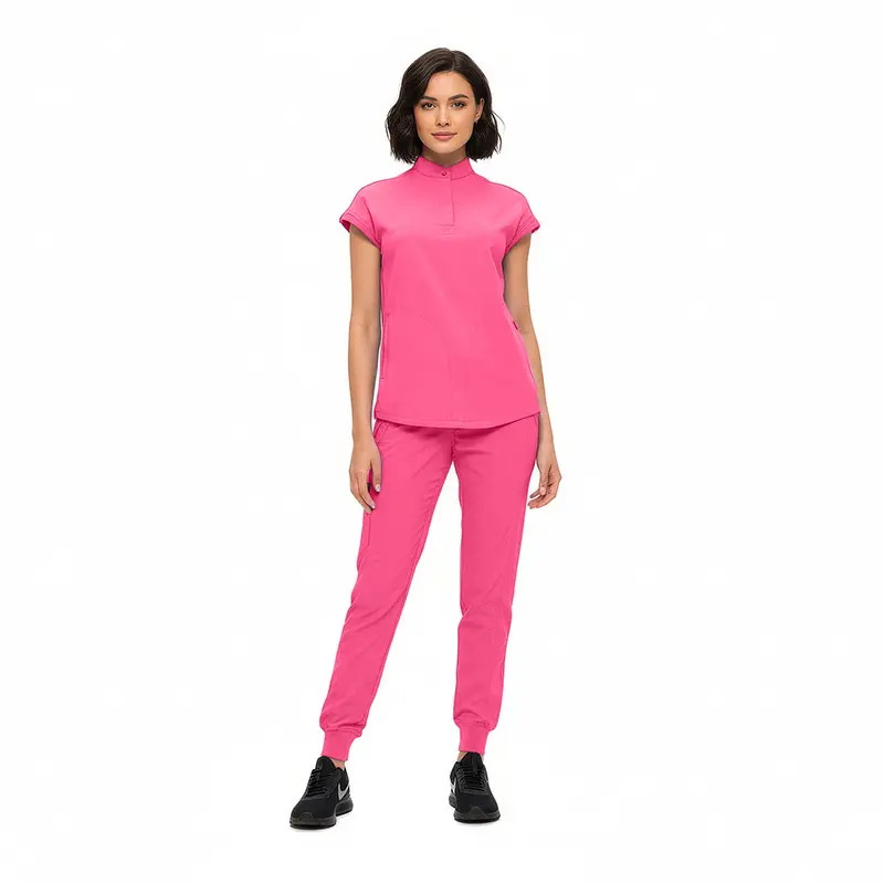 Wholesale women's pink short-sleeve polo shirt and jogger pants set