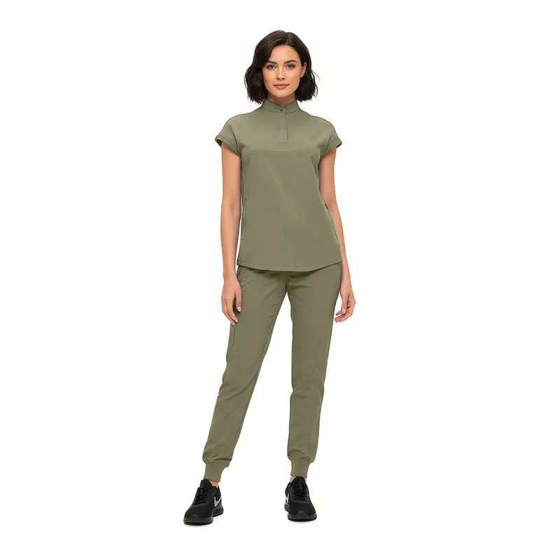 Wholesale women's olive green short-sleeve polo shirt and jogger pants set