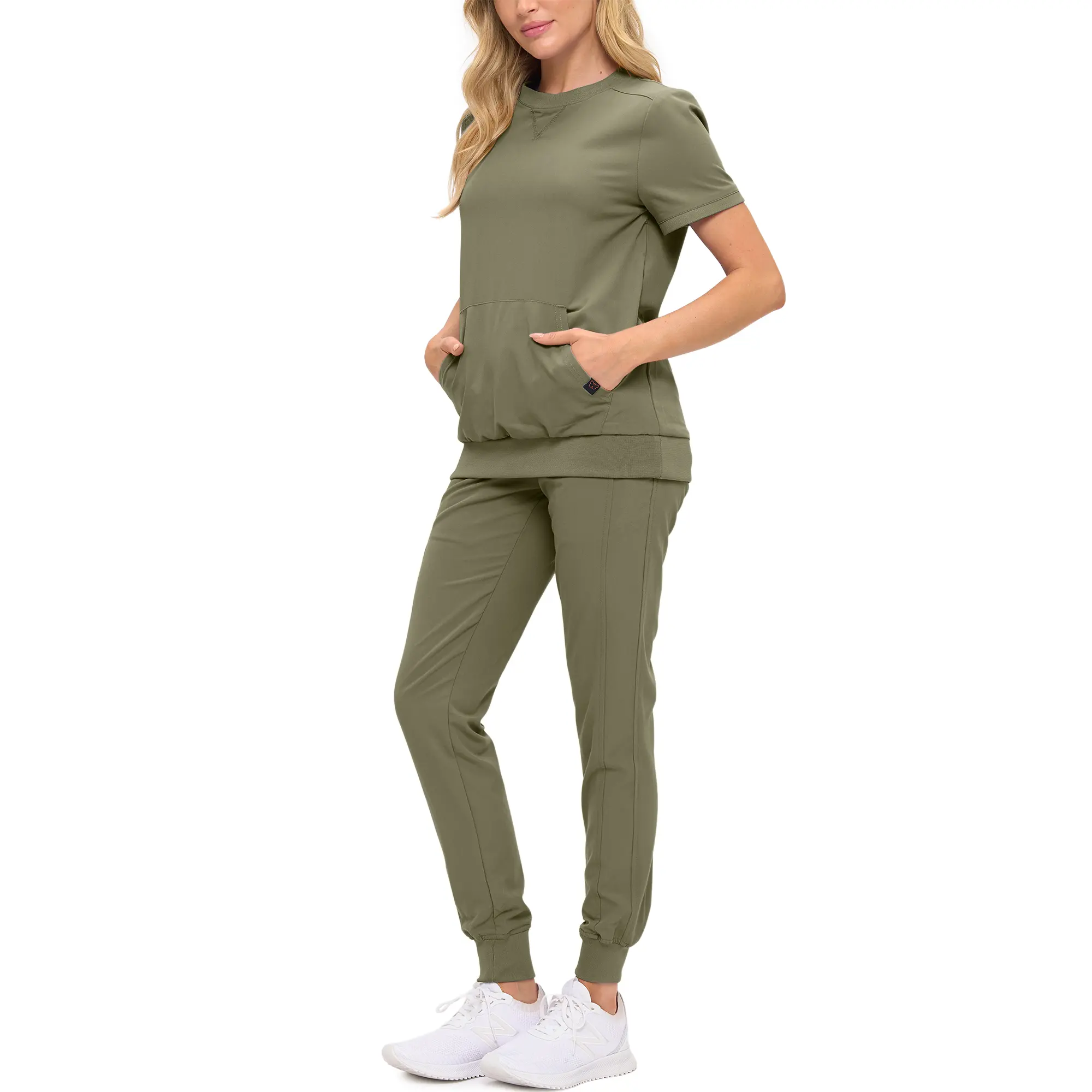 Wholesale women's olive green short-sleeve t-shirt and jogger pants set with pockets
